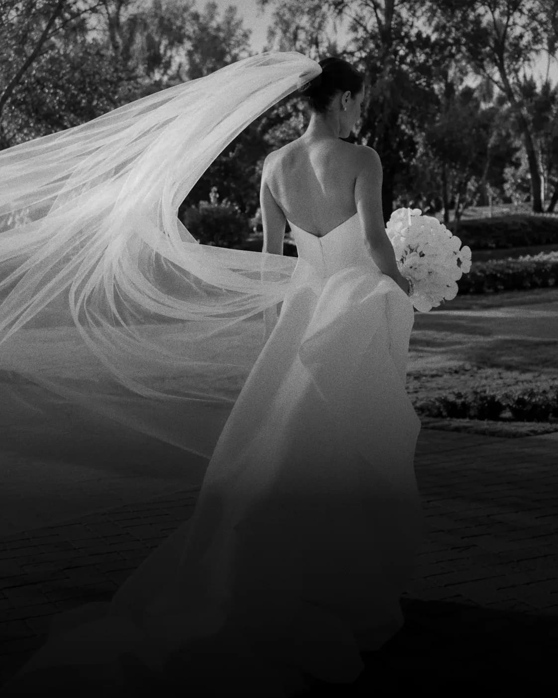 Novia de espaldas con el velo extendido por el viento