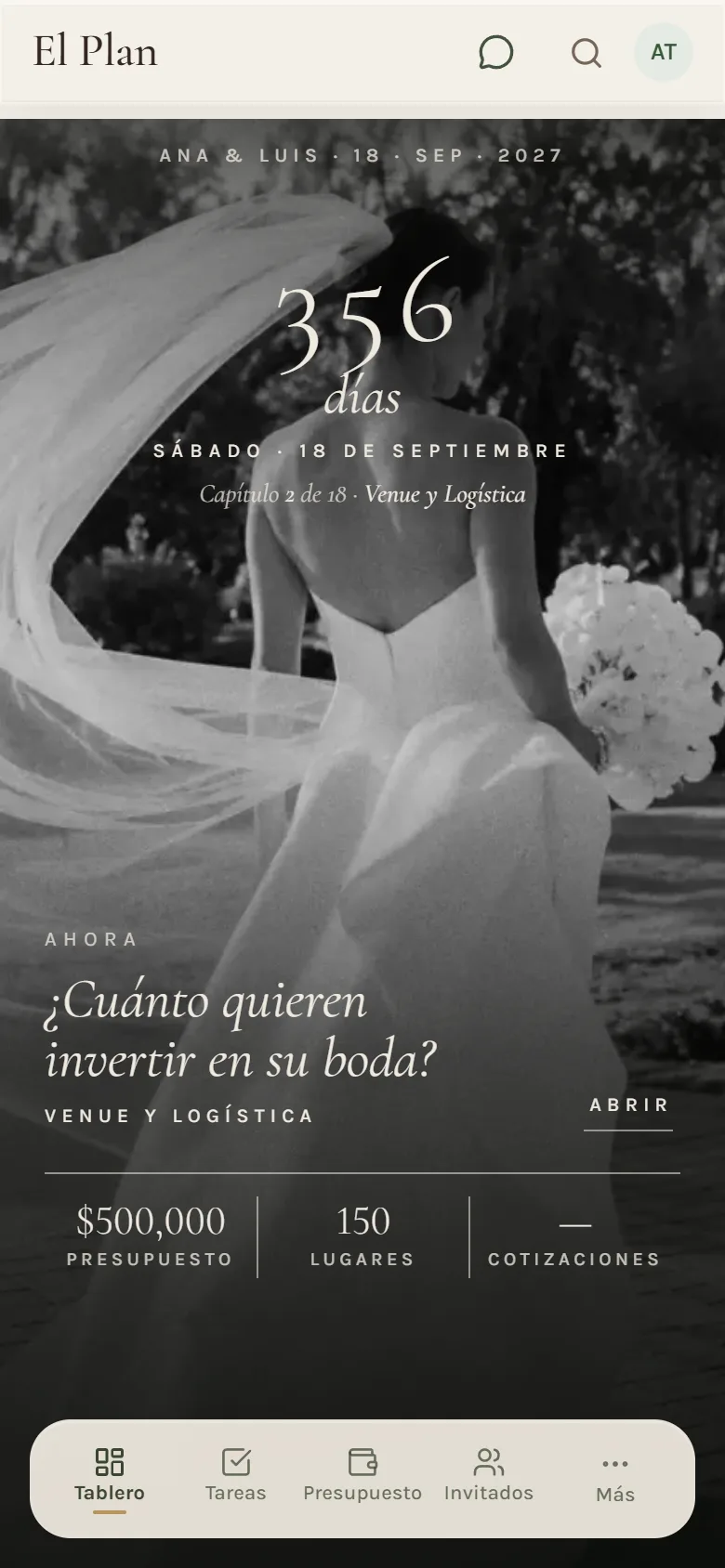El tablero de El Plan De Boda en un teléfono: los días que faltan, la foto del capítulo en curso y la siguiente decisión